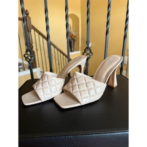 Vince Camuto Shoes - Vince Camuto Cream Quilted Square-Toe Heeled Mules
